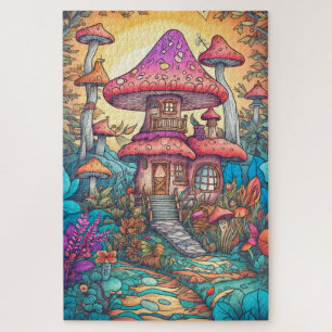Cute Psychedelic Mushroom House Illustration Jigsaw Puzzle