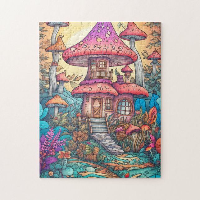 Cute Psychedelic Mushroom House Illustration Jigsaw Puzzle (Vertical)