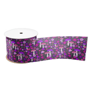 Cute Psychedelic Mushrooms Purple, Pink, & Black Satin Ribbon