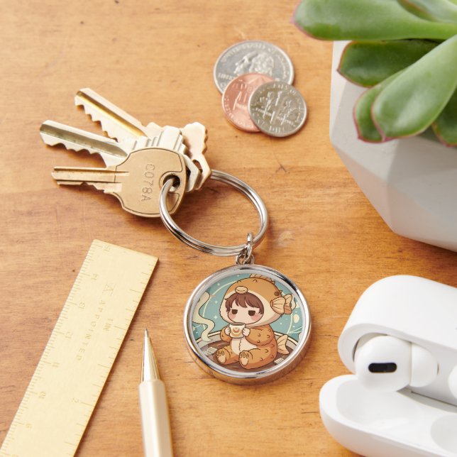 Cute Puffer Fish Coffee & Reading Art Key Ring (Desk)