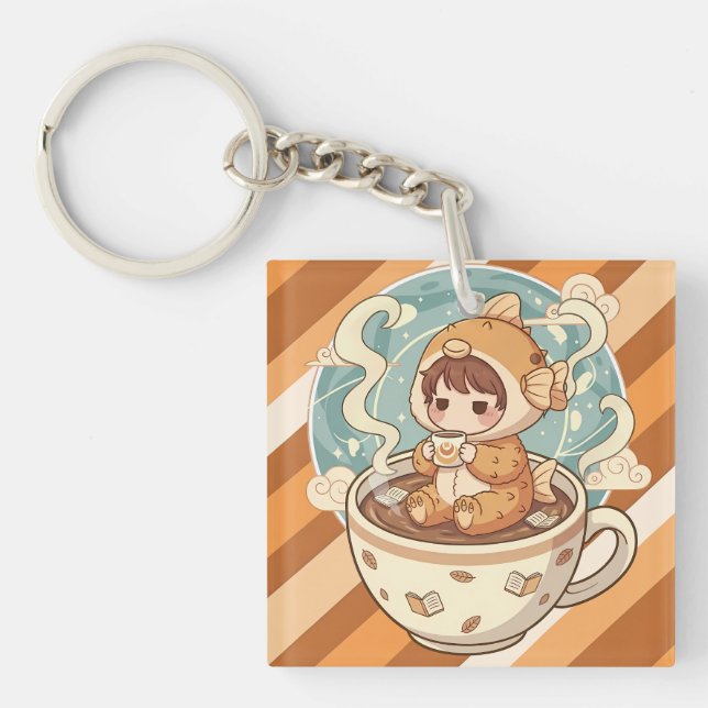 Cute Puffer Fish Coffee & Reading Art Key Ring (Front)
