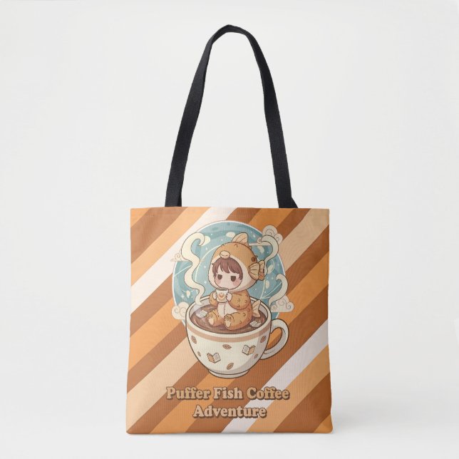 Cute Puffer Fish Coffee & Reading Art Tote Bag (Front)