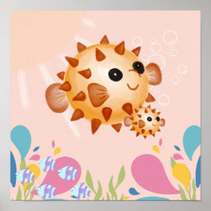 Cute puffer fish in pink ocean scene, poster