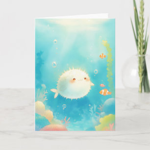 Cute Pufferfish Among the Coral Reef Card