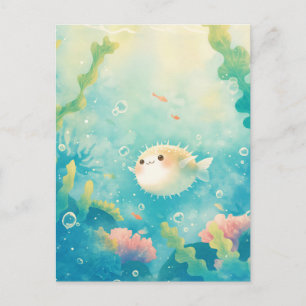 Cute Pufferfish in Sunny Coral Reef Postcard