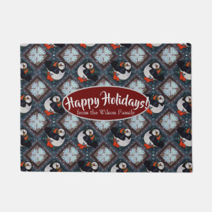 Cute Puffin Birds Winter Pattern Doormat