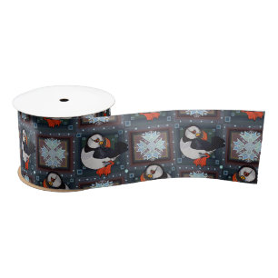 Cute Puffin Birds Winter Pattern Satin Ribbon