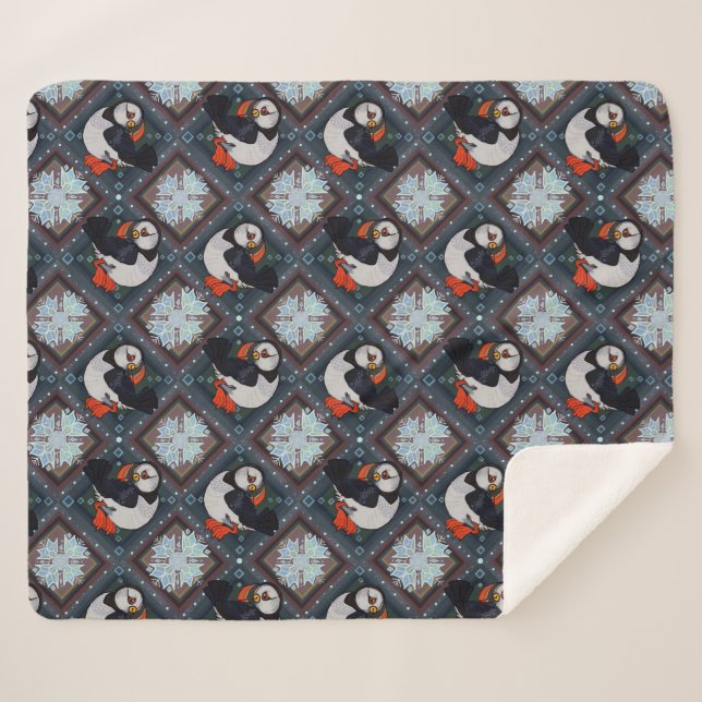 Cute Puffin Birds Winter Pattern Sherpa Blanket (Front (Horizontal))