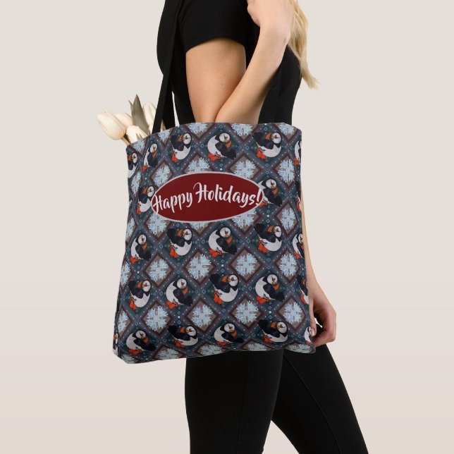 Cute Puffin Birds Winter Pattern  Tote Bag (Close Up)