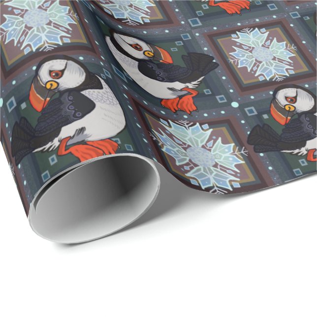Cute Puffin Birds Winter Pattern Wrapping Paper (Roll Corner)