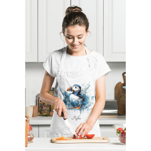 Cute puffin in blue watercolor apron