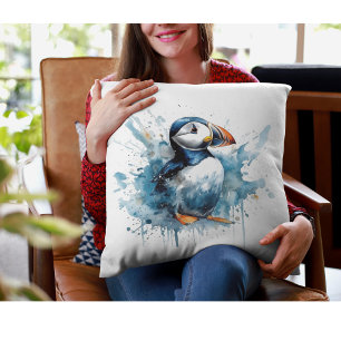 Cute puffin in blue watercolor cushion
