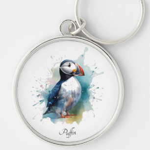 Cute puffin in blue watercolor, customisable key ring