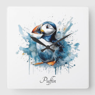 Cute puffin in blue watercolor, customisable square wall clock
