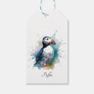 Cute puffin in blue watercolor gift tags