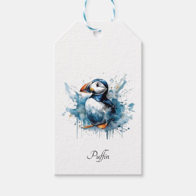Cute puffin in blue watercolor gift tags (Front)