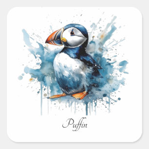 Cute puffin in blue watercolor square sticker