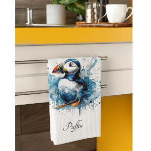 Cute puffin in blue watercolor tea towel