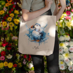 Cute puffin in blue watercolor tote bag