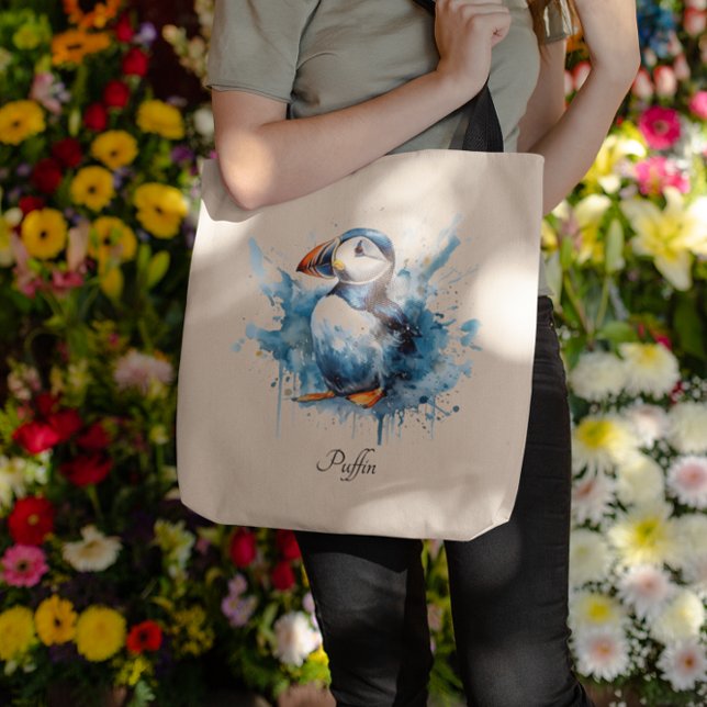 Cute puffin in blue watercolor tote bag (Creator Uploaded)