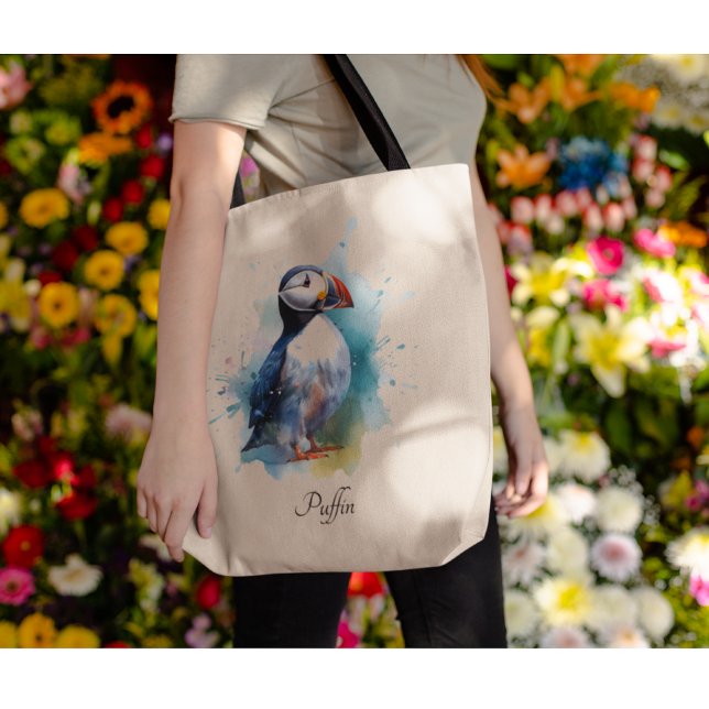 Cute puffin in blue watercolor tote bag (Creator Uploaded)