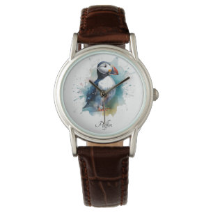 Cute puffin in blue watercolor watch