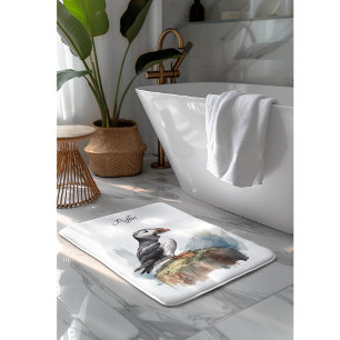 Cute Puffin on a rock customisable Bath Mat