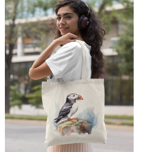 Cute Puffin on a rock in water colour Tote Bag