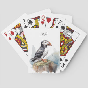 Cute Puffin on a rock in watercolor, customisable Playing Cards