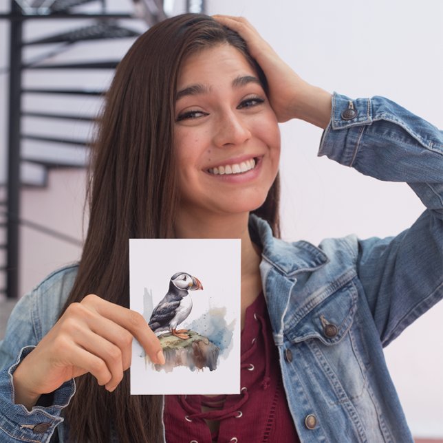 Cute Puffin on a rock in watercolor Postcard (Creator Uploaded)