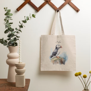 Cute Puffin on a rock in watercolor Tote Bag