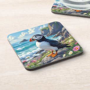 Cute Puffin on the Seashore themed Coaster