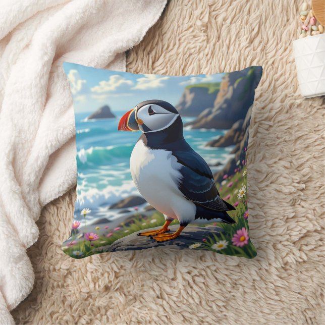 Cute Puffin on the Seashore themed   Cushion (Blanket)