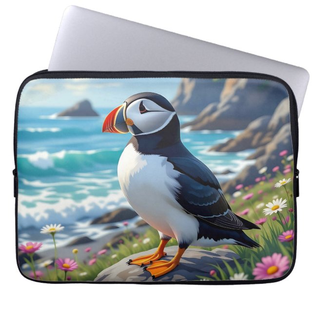 Cute Puffin on the Seashore themed   Laptop Sleeve (Front)