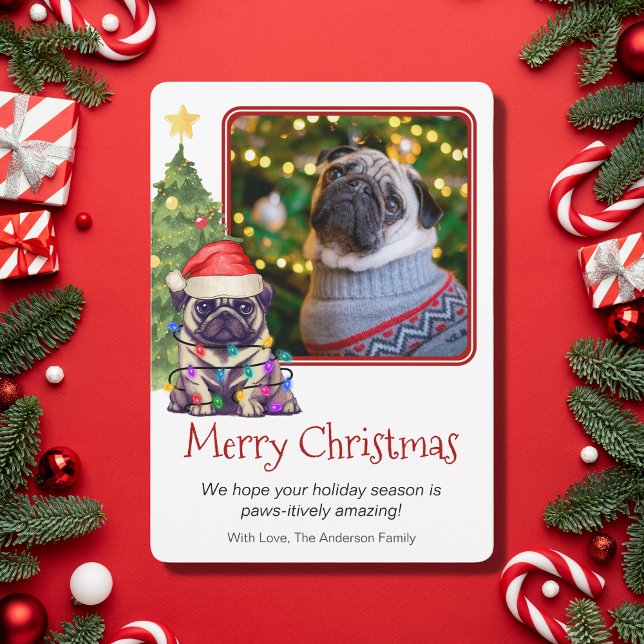 Cute Pug and Christmas Tree Pet Dog One Photo Holiday Card (Creator Uploaded)