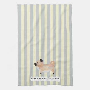 Cute Pug blue and cream striped Tea Towel