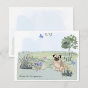 Cute Pug Butterfly Meadow  Monogram & Name     Card