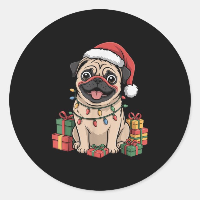 Cute Pug Christmas Xmas Design Funny Dog Lover Hol Classic Round Sticker (Front)
