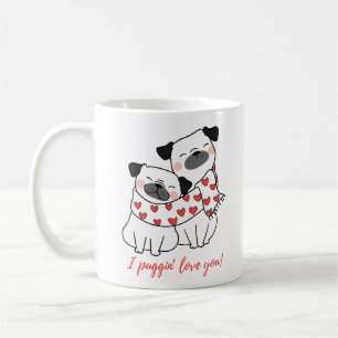 Cute Pug Couple with Hearts Illustration Coffee Mug