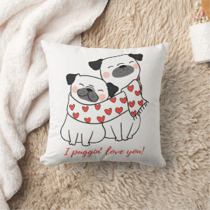 Cute Pug Couple with Hearts Illustration Cushion