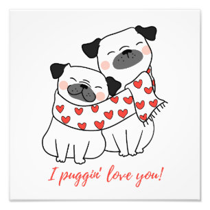 Cute Pug Couple with Hearts Illustration Photo Print