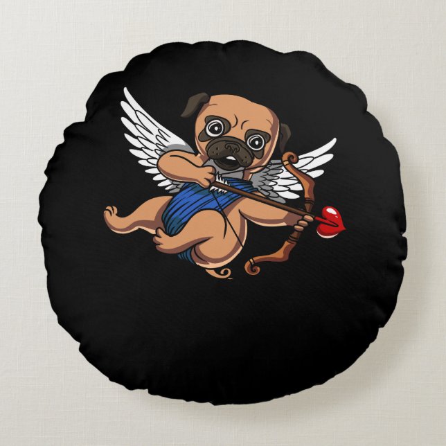 Cute Pug Cupid Dog Round Cushion (Front)