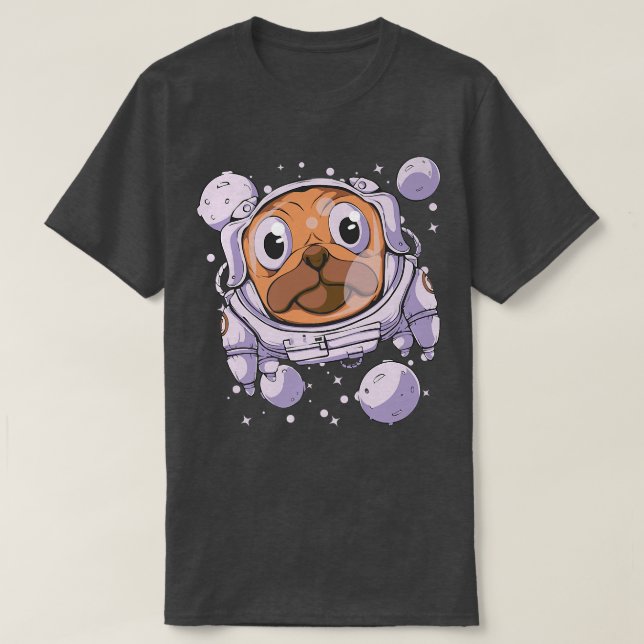 Cute Pug Dog Astronaut in Space with Stars & Plane T-Shirt (Design Front)