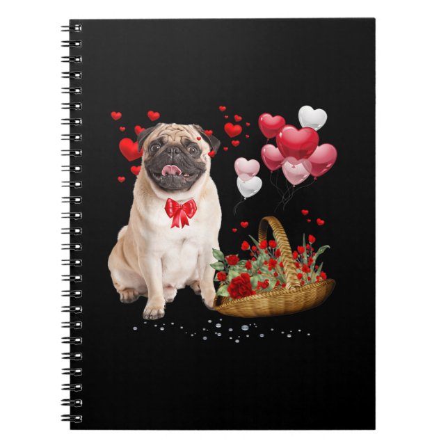 Cute Pug Dog Balloon Heart Valentines Day Notebook (Front)