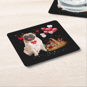 Cute Pug Dog Balloon Heart Valentine's Day Square Paper Coaster