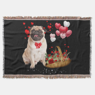 Cute Pug Dog Balloon Heart Valentine's Day Throw Blanket