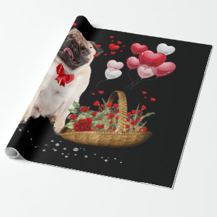 Cute Pug Dog Balloon Heart Valentine's Day Wrapping Paper
