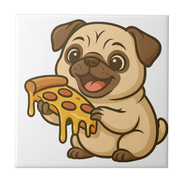 Cute pug dog cartoon pizza lover ceramic tile (Front)