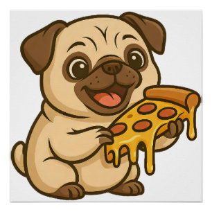 Cute pug dog cartoon pizza lover poster