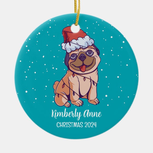 Cute Pug Dog Christmas Puppy Snowy Winter Holiday Ceramic Ornament (Front)